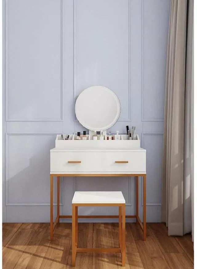 Alt view image 5 of 7 - Freestanding Vanity Desk Set with Drawers & Storage Shelves for Bedroom, Modern Makeup Vanity Table with Large Mirror and 3 Adjustable Brightness LED Bulbs for Girl's Gift, White (White7)