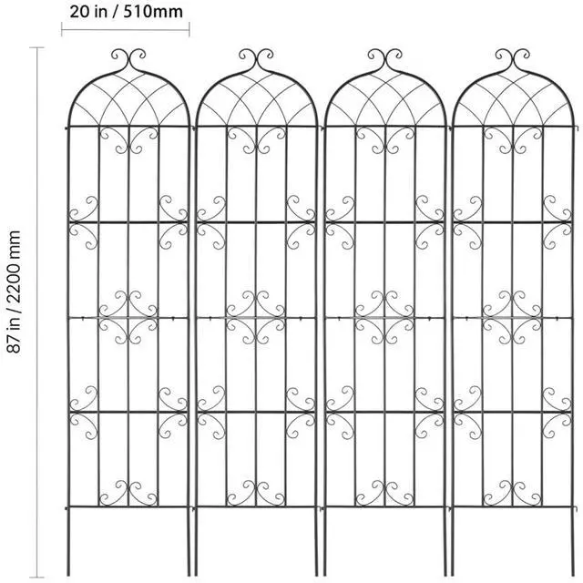 Alt view image 2 of 7 - 4 Pieces Metal Garden Trellis with Ground Stakes and Elegant Pattern for Growing Flowers, Vines, Plants, Outdoor Decorative Clematis Trellis with Iron Frame for Backyard, Lawn