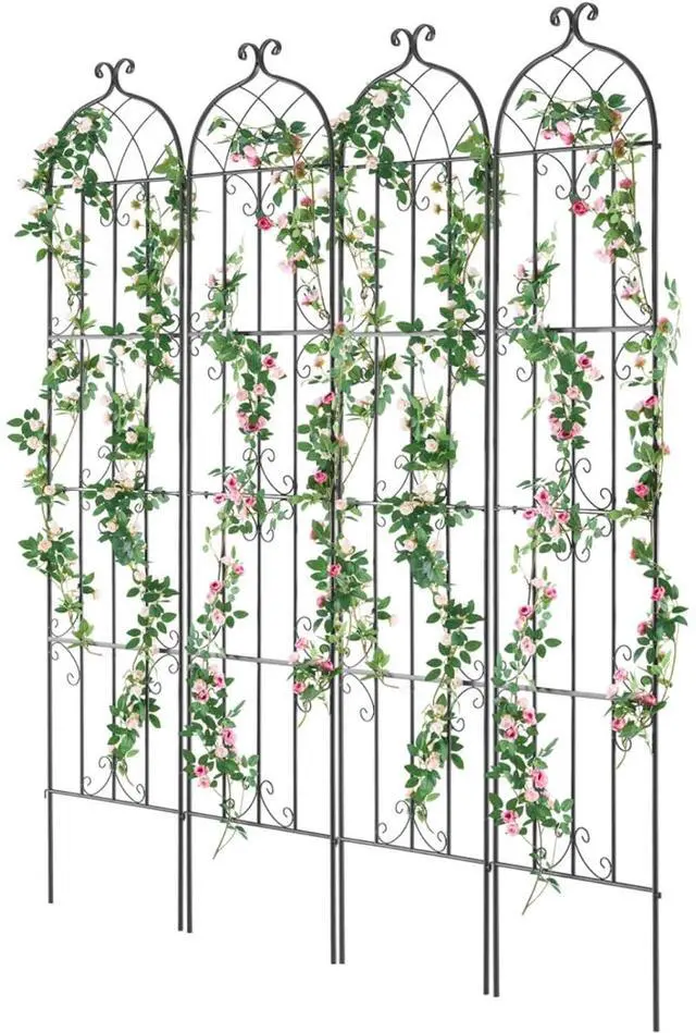 Alt view image 3 of 7 - 4 Pieces Metal Garden Trellis with Ground Stakes and Elegant Pattern for Growing Flowers, Vines, Plants, Outdoor Decorative Clematis Trellis with Iron Frame for Backyard, Lawn
