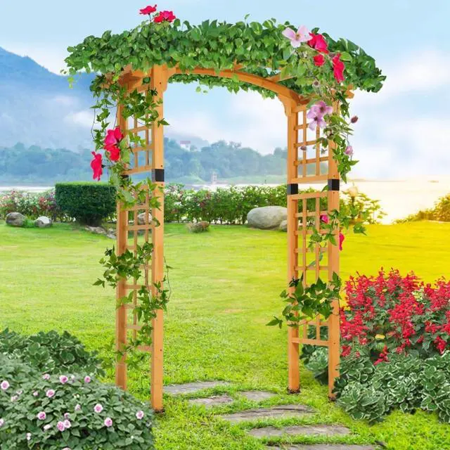 Main image of Wooden Garden Arbor Arch with Trellis Wall and Ground Stakes for Growing Flowers, Plants, Outdoor Archway with Pergola Style and Solid Wood Frame for Backyard, Garden