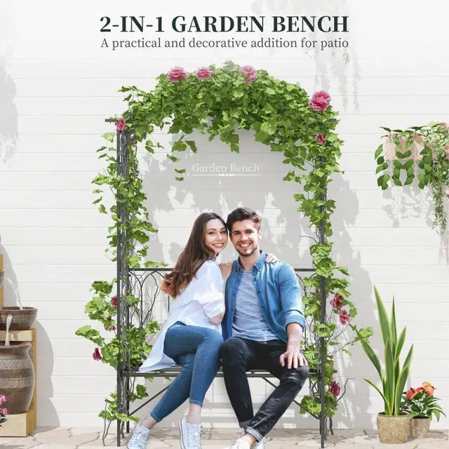 Alt view image 7 of 7 - Metal Trellis Arbor Arch with 2-Person Bench for Climbing Plants, Flowers, Vines, Outdoor Archway Trellis with Epoxy-Coated Steel Tubing and Ground Stakes for Backyard, Park