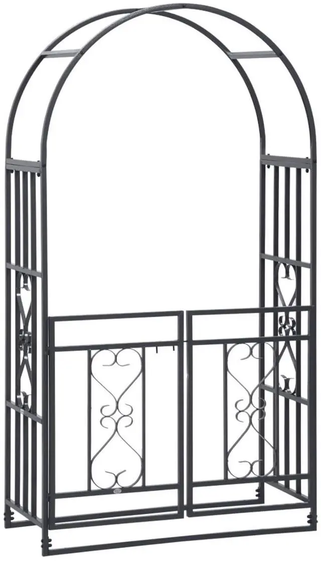 Alt view image 2 of 7 - Metal Garden Arbor with Lockable Double Doors and Heart Motifs for Growing Flowers, Plants, Outdoor Arbor Trellis with Steel Frame for Backyard, Lawn, Poolside, Garden