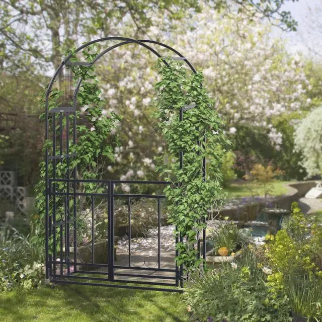Main image of Metal Garden Arbor with Lockable Double Doors and Heart Motifs for Growing Flowers, Plants, Outdoor Arbor Trellis with Steel Frame for Backyard, Lawn, Poolside, Garden