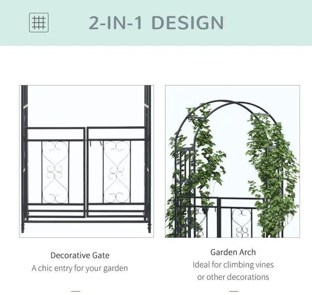 Alt view image 4 of 7 - Metal Garden Arbor with Lockable Double Doors and Heart Motifs for Growing Flowers, Plants, Outdoor Arbor Trellis with Steel Frame for Backyard, Lawn, Poolside, Garden