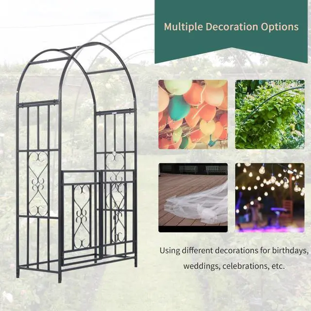 Alt view image 7 of 7 - Metal Garden Arbor with Lockable Double Doors and Heart Motifs for Growing Flowers, Plants, Outdoor Arbor Trellis with Steel Frame for Backyard, Lawn, Poolside, Garden