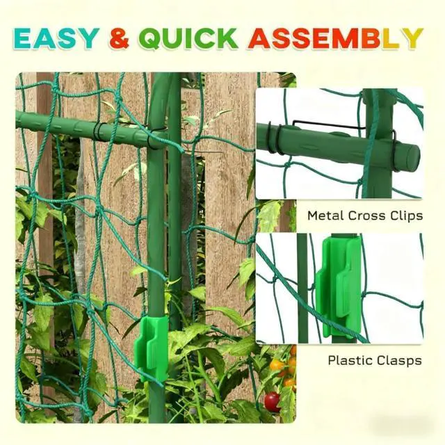 Alt view image 6 of 7 - A-Frame Metal Garden Trellis with Plastic Climbing Net and Steel Frame for Backyard, Lawn, Outdoor Plant Support with Metal Cross Clips for Growing Vegetables, Plants (72 inches high)