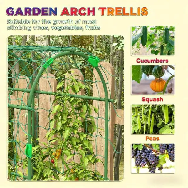Alt view image 7 of 7 - A-Frame Metal Garden Trellis with Plastic Climbing Net and Steel Frame for Backyard, Lawn, Outdoor Plant Support with Metal Cross Clips for Growing Vegetables, Plants (72 inches high)