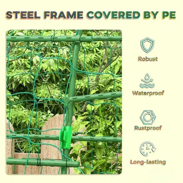 Alt view image 4 of 7 - A-Frame Metal Garden Trellis with Plastic Climbing Net and Steel Frame for Backyard, Lawn, Outdoor Plant Support with Metal Cross Clips for Growing Vegetables, Plants (81 inches high)