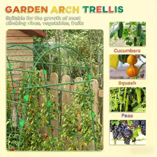 Alt view image 5 of 7 - A-Frame Metal Garden Trellis with Plastic Climbing Net and Steel Frame for Backyard, Lawn, Outdoor Plant Support with Metal Cross Clips for Growing Vegetables, Plants (81 inches high)
