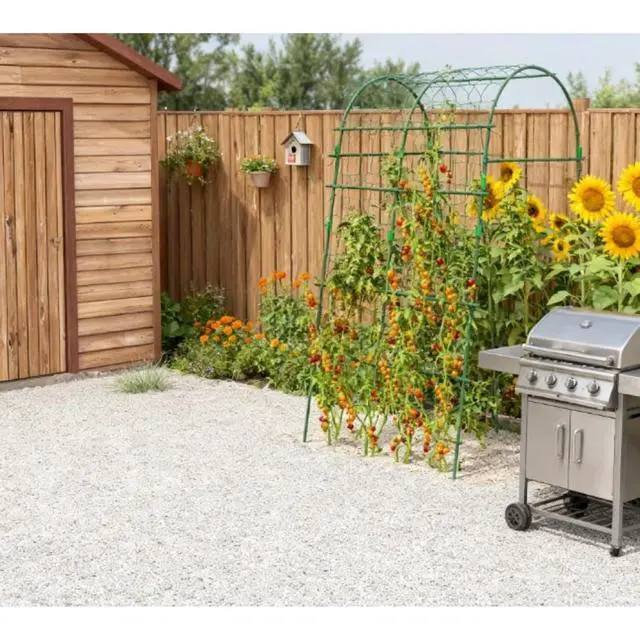 Alt view image 7 of 7 - A-Frame Metal Garden Trellis with Plastic Climbing Net and Steel Frame for Backyard, Lawn, Outdoor Plant Support with Metal Cross Clips for Growing Vegetables, Plants (81 inches high)