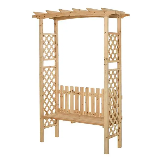 Alt view image 2 of 7 - Wooden Garden Arbor with Bench and Fir Wood Frame for Growing Grapes, Vines, Flowers, Outdoor Decorative Seating Bench with Two-Side Trellis for Backyard, Garden