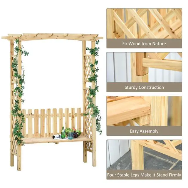 Alt view image 4 of 7 - Wooden Garden Arbor with Bench and Fir Wood Frame for Growing Grapes, Vines, Flowers, Outdoor Decorative Seating Bench with Two-Side Trellis for Backyard, Garden