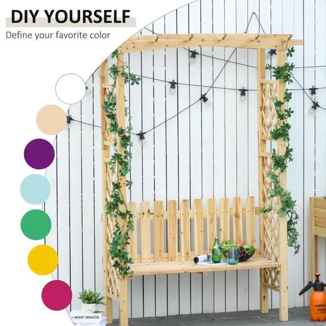 Alt view image 6 of 7 - Wooden Garden Arbor with Bench and Fir Wood Frame for Growing Grapes, Vines, Flowers, Outdoor Decorative Seating Bench with Two-Side Trellis for Backyard, Garden