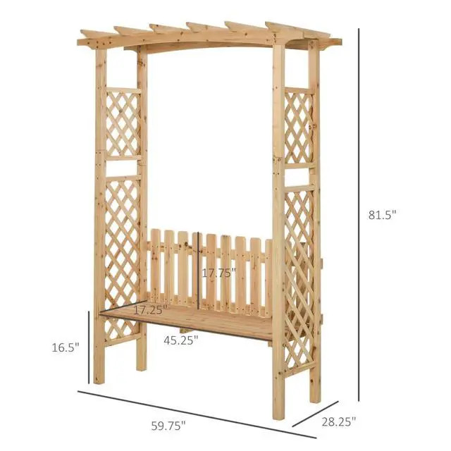 Alt view image 7 of 7 - Wooden Garden Arbor with Bench and Fir Wood Frame for Growing Grapes, Vines, Flowers, Outdoor Decorative Seating Bench with Two-Side Trellis for Backyard, Garden