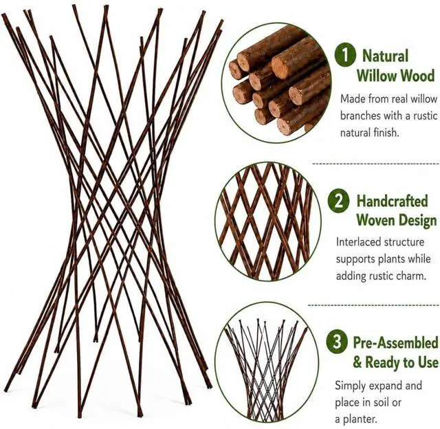 Alt view image 4 of 5 - Willow Funnel Trellis with Wood Frame for Growing Vegetables, Flowers, Outdoor Expandable Garden Trellis Support Tower with Space-Saving Design for Backyard, Lawn (5FT 6PCS)
