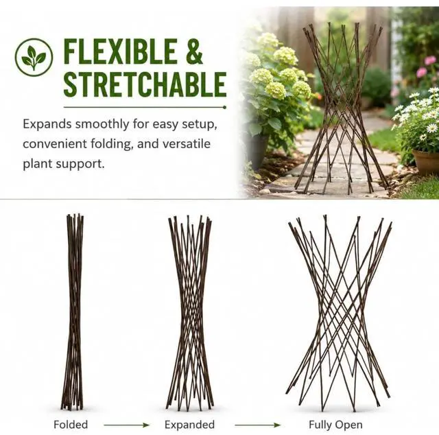 Alt view image 3 of 5 - Willow Funnel Trellis with Wood Frame for Growing Vegetables, Flowers, Outdoor Expandable Garden Trellis Support Tower with Space-Saving Design for Backyard, Lawn (5FT 6PCS)