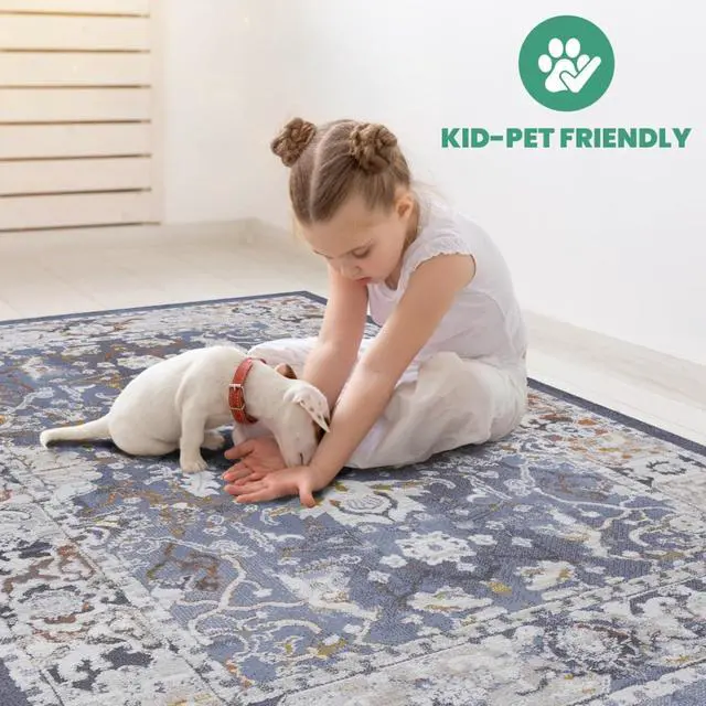 Alt view image 6 of 7 - Modern Pet-Friendly Non-Slip Stain Resistant Under Table Rug, Indoor Rectangular Soft Area Rug with Machine Washable for Bedroom, Dining Room, Living Room (8X10 Blue)