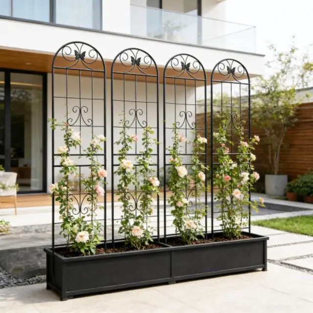 Alt view image 3 of 7 - Steel Garden Trellis with Iron Frame and Butterfly Patterns for Growing Flowers Plants, Outdoor Rustproof Trellis Plating Grids with Metal Galvanized Tube for Backyard Lawn Garden Parks (4 Pack-H86'')