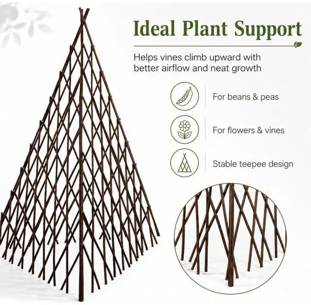 Alt view image 3 of 6 - Natural Willow Plant Support with Expandable Teepee Design for Growing Beans, Peas, Cucumbers, Flowers, Vines, Outdoor Wood Plant Cage with Vertical Design for Backyard, Lawn (4FT 3PCS)
