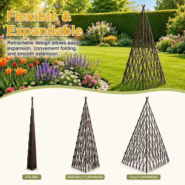 Alt view image 5 of 6 - Natural Willow Plant Support with Expandable Teepee Design for Growing Beans, Peas, Cucumbers, Flowers, Vines, Outdoor Wood Plant Cage with Vertical Design for Backyard, Lawn (4FT 3PCS)