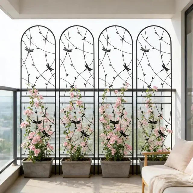 Main image of Metal Garden Trellis with Ground Stakes and Dragonfly Deco for Backyard, Lawn, Outdoor Tall Fence Trellis Panels with Iron Frame for Growing Flowers, Plants, Vines (4 Pack-H86'')