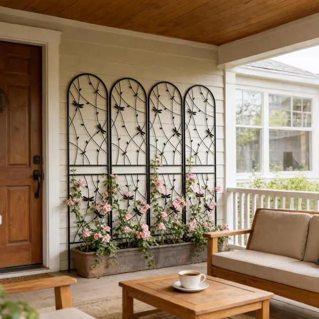 Alt view image 2 of 7 - Metal Garden Trellis with Ground Stakes and Dragonfly Deco for Backyard, Lawn, Outdoor Tall Fence Trellis Panels with Iron Frame for Growing Flowers, Plants, Vines (4 Pack-H86'')