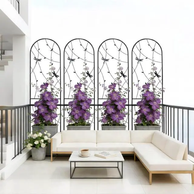 Alt view image 4 of 7 - Metal Garden Trellis with Ground Stakes and Dragonfly Deco for Backyard, Lawn, Outdoor Tall Fence Trellis Panels with Iron Frame for Growing Flowers, Plants, Vines (4 Pack-H86'')