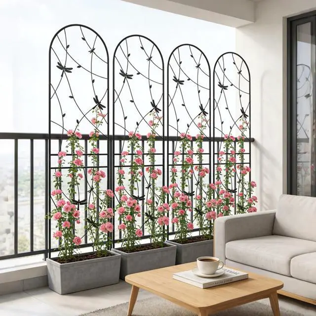 Alt view image 5 of 7 - Metal Garden Trellis with Ground Stakes and Dragonfly Deco for Backyard, Lawn, Outdoor Tall Fence Trellis Panels with Iron Frame for Growing Flowers, Plants, Vines (4 Pack-H86'')