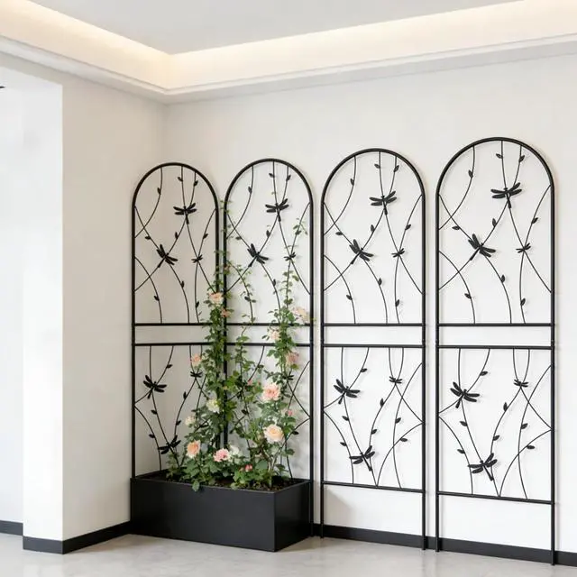 Main image of Metal Garden Trellis with Ground Stakes and Dragonfly Deco for Backyard, Lawn, Outdoor Tall Fence Trellis Panels with Iron Frame for Growing Flowers, Plants, Vines (4 Pack-H71'')