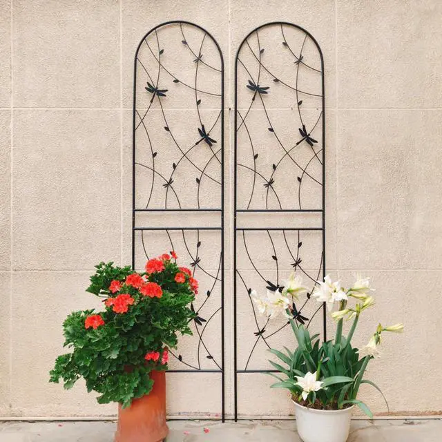 Alt view image 7 of 7 - Metal Garden Trellis with Ground Stakes and Dragonfly Deco for Backyard, Lawn, Outdoor Tall Fence Trellis Panels with Iron Frame for Growing Flowers, Plants, Vines (4 Pack-H86'')