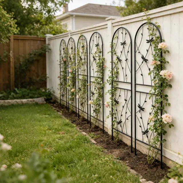 Alt view image 3 of 7 - Metal Garden Trellis with Ground Stakes and Dragonfly Deco for Backyard, Lawn, Outdoor Tall Fence Trellis Panels with Iron Frame for Growing Flowers, Plants, Vines (4 Pack-H71'')