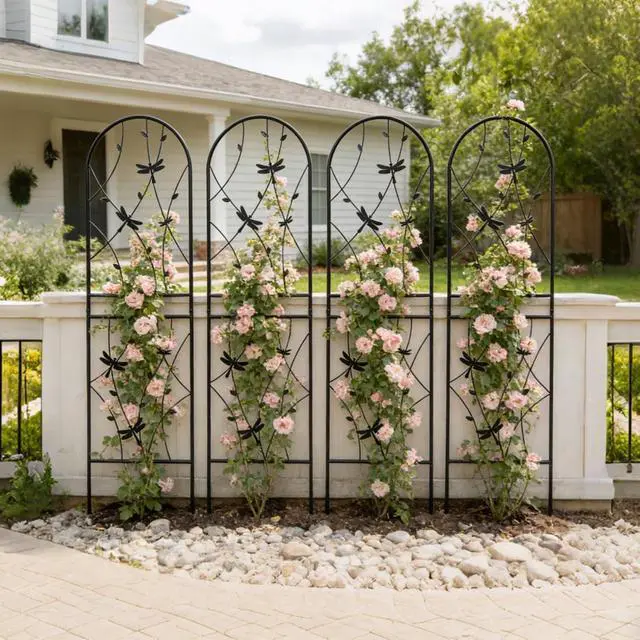 Alt view image 4 of 7 - Metal Garden Trellis with Ground Stakes and Dragonfly Deco for Backyard, Lawn, Outdoor Tall Fence Trellis Panels with Iron Frame for Growing Flowers, Plants, Vines (4 Pack-H71'')