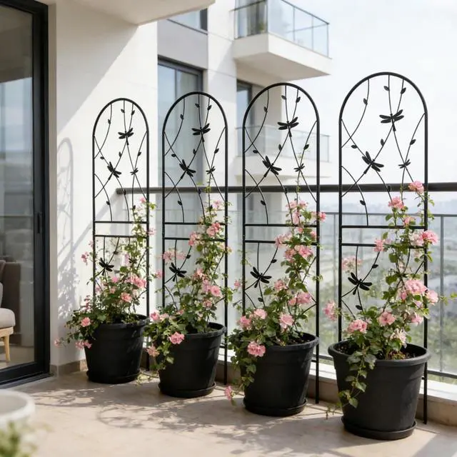 Alt view image 5 of 7 - Metal Garden Trellis with Ground Stakes and Dragonfly Deco for Backyard, Lawn, Outdoor Tall Fence Trellis Panels with Iron Frame for Growing Flowers, Plants, Vines (4 Pack-H71'')