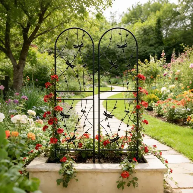 Alt view image 6 of 7 - Metal Garden Trellis with Ground Stakes and Dragonfly Deco for Backyard, Lawn, Outdoor Tall Fence Trellis Panels with Iron Frame for Growing Flowers, Plants, Vines (4 Pack-H71'')