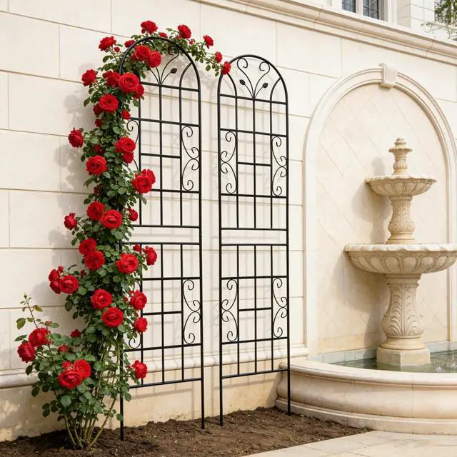Main image of Metal Garden Trellis with Leaf Deco and Iron Frame for Growing Flowers, Plants, Outdoor Sturdy Plant Trellis with Ground Stakes for Backyard, Lawn, Park, Poolside (2 Pack)