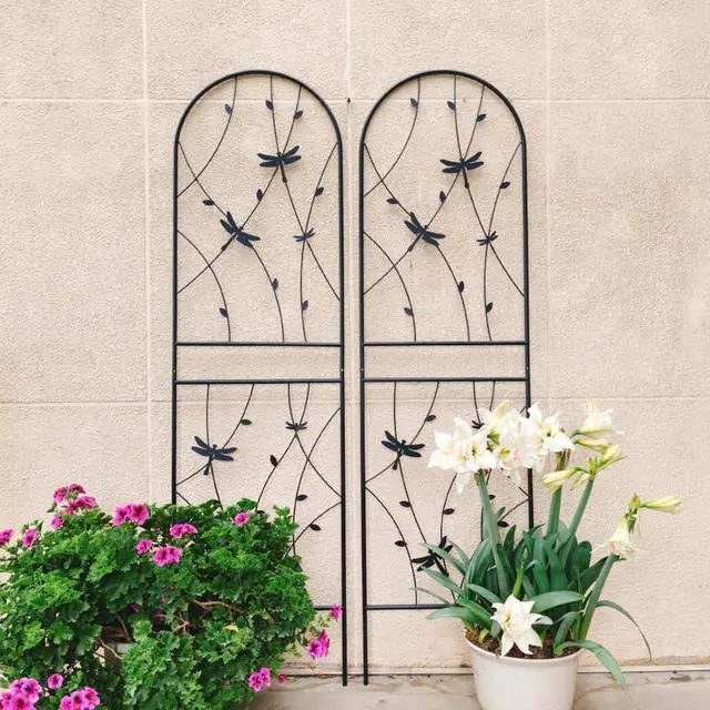 Alt view image 7 of 7 - Metal Garden Trellis with Ground Stakes and Dragonfly Deco for Backyard, Lawn, Outdoor Tall Fence Trellis Panels with Iron Frame for Growing Flowers, Plants, Vines (4 Pack-H71'')