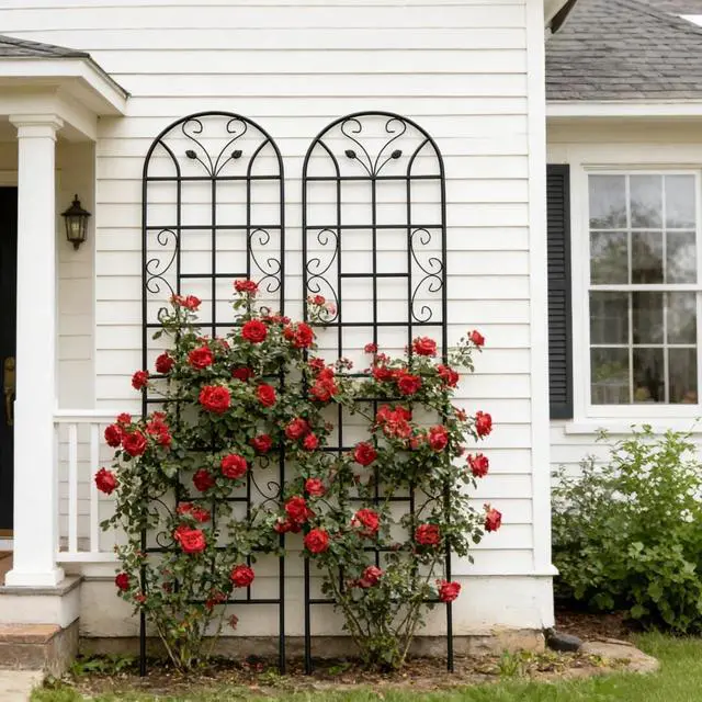 Alt view image 3 of 7 - Metal Garden Trellis with Leaf Deco and Iron Frame for Growing Flowers, Plants, Outdoor Sturdy Plant Trellis with Ground Stakes for Backyard, Lawn, Park, Poolside (2 Pack)
