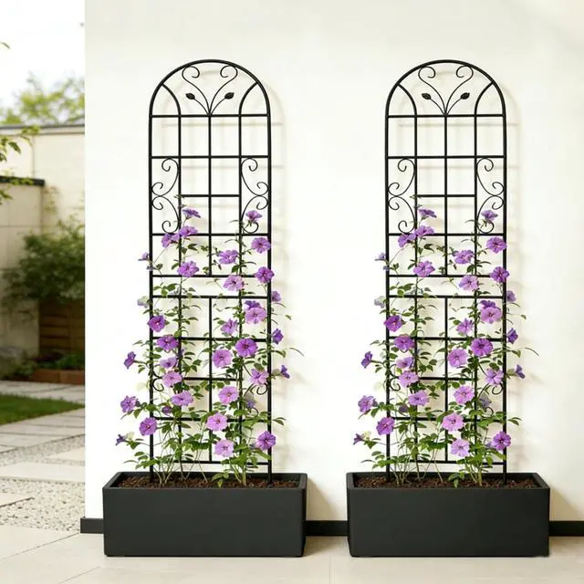 Alt view image 4 of 7 - Metal Garden Trellis with Leaf Deco and Iron Frame for Growing Flowers, Plants, Outdoor Sturdy Plant Trellis with Ground Stakes for Backyard, Lawn, Park, Poolside (2 Pack)