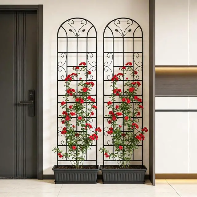 Alt view image 5 of 7 - Metal Garden Trellis with Leaf Deco and Iron Frame for Growing Flowers, Plants, Outdoor Sturdy Plant Trellis with Ground Stakes for Backyard, Lawn, Park, Poolside (2 Pack)