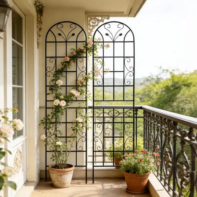 Alt view image 6 of 7 - Metal Garden Trellis with Leaf Deco and Iron Frame for Growing Flowers, Plants, Outdoor Sturdy Plant Trellis with Ground Stakes for Backyard, Lawn, Park, Poolside (2 Pack)