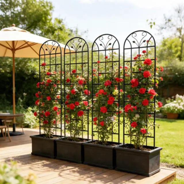 Alt view image 2 of 7 - Metal Garden Trellis with Leaf Deco and Iron Frame for Growing Flowers, Plants, Outdoor Sturdy Plant Trellis with Ground Stakes for Backyard, Lawn, Park, Poolside (4 Pack)