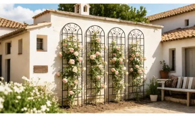 Main image of Metal Garden Trellis with Leaf Deco and Iron Frame for Growing Flowers, Plants, Outdoor Sturdy Plant Trellis with Ground Stakes for Backyard, Lawn, Park, Poolside (4 Pack)