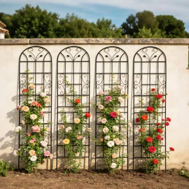 Alt view image 4 of 7 - Metal Garden Trellis with Leaf Deco and Iron Frame for Growing Flowers, Plants, Outdoor Sturdy Plant Trellis with Ground Stakes for Backyard, Lawn, Park, Poolside (4 Pack)
