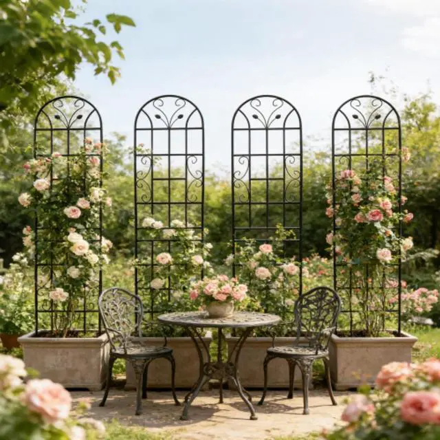 Alt view image 5 of 7 - Metal Garden Trellis with Leaf Deco and Iron Frame for Growing Flowers, Plants, Outdoor Sturdy Plant Trellis with Ground Stakes for Backyard, Lawn, Park, Poolside (4 Pack)