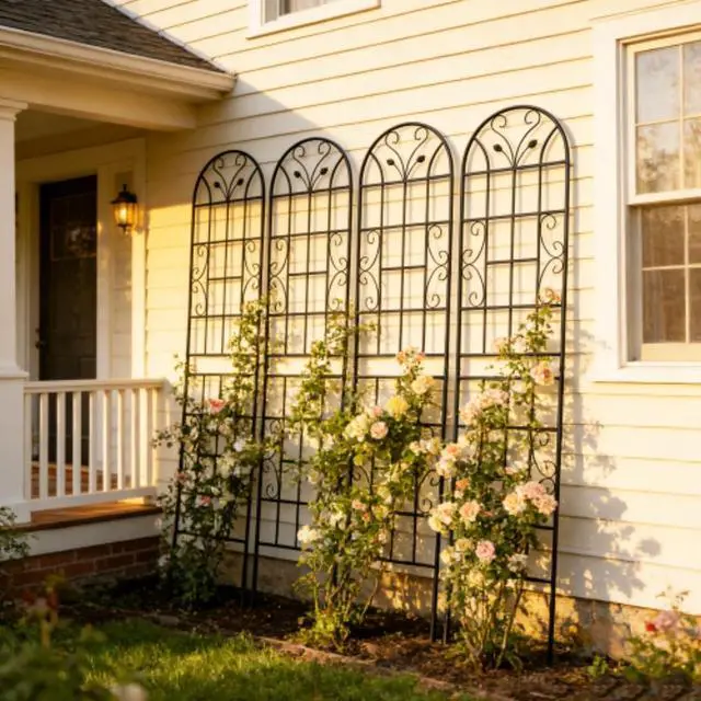 Alt view image 7 of 7 - Metal Garden Trellis with Leaf Deco and Iron Frame for Growing Flowers, Plants, Outdoor Sturdy Plant Trellis with Ground Stakes for Backyard, Lawn, Park, Poolside (4 Pack)