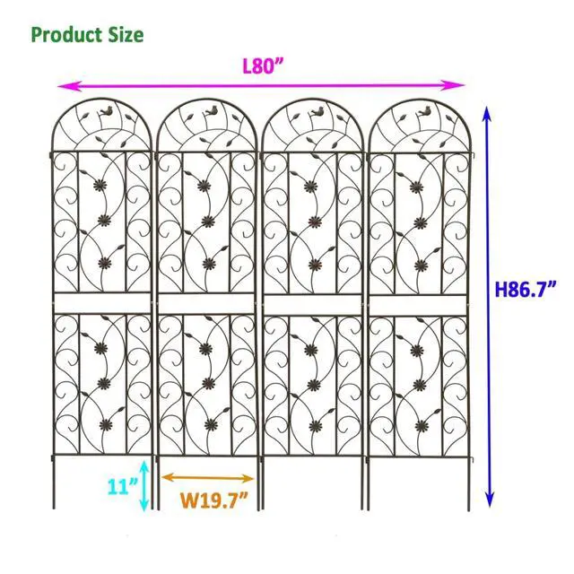 Alt view image 2 of 7 - Metal Garden Trellis with Flowers and Birds Deco for Backyard, Lawn, Patio, Outdoor Decorative Trellis Panels with Galvanized Round Pipe for Growing Flowers, Plants (4 Pack)