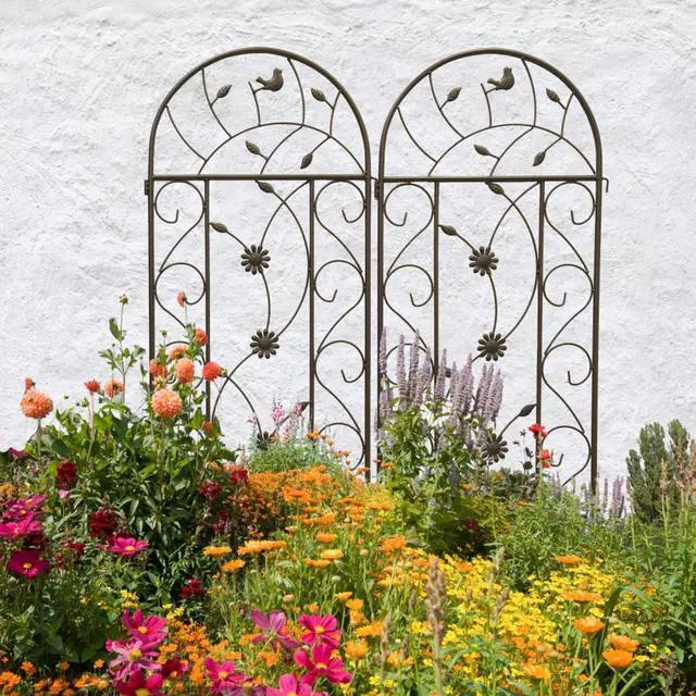 Alt view image 7 of 7 - Metal Garden Trellis with Flowers and Birds Deco for Backyard, Lawn, Patio, Outdoor Decorative Trellis Panels with Galvanized Round Pipe for Growing Flowers, Plants (4 Pack)