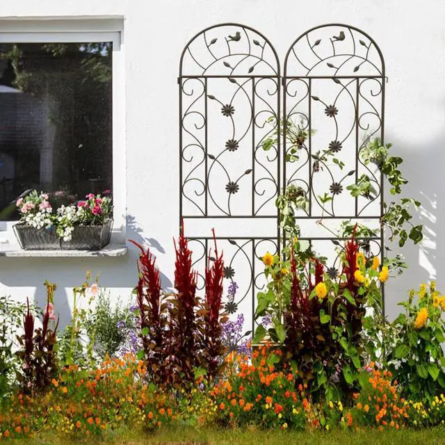 Alt view image 6 of 7 - Metal Garden Trellis with Flowers and Birds Deco for Backyard, Lawn, Patio, Outdoor Decorative Trellis Panels with Galvanized Round Pipe for Growing Flowers, Plants (4 Pack)