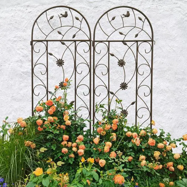 Alt view image 5 of 7 - Metal Garden Trellis with Flowers and Birds Deco for Backyard, Lawn, Patio, Outdoor Decorative Trellis Panels with Galvanized Round Pipe for Growing Flowers, Plants (2 Pack)
