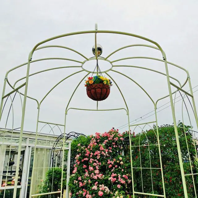 Alt view image 2 of 7 - Spacious Metal Garden Arch with Birdcage Shape for Wedding, Ceremony, Party, Outdoor Pergola Pavilion with Ground Stakes and Iron Frame for Backyard, Lawn, Poolside (Cream White)